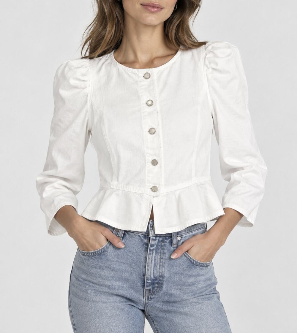 LE JEAN Luella White Denim Puff Sleeve Peplum Jacket Top Size XS